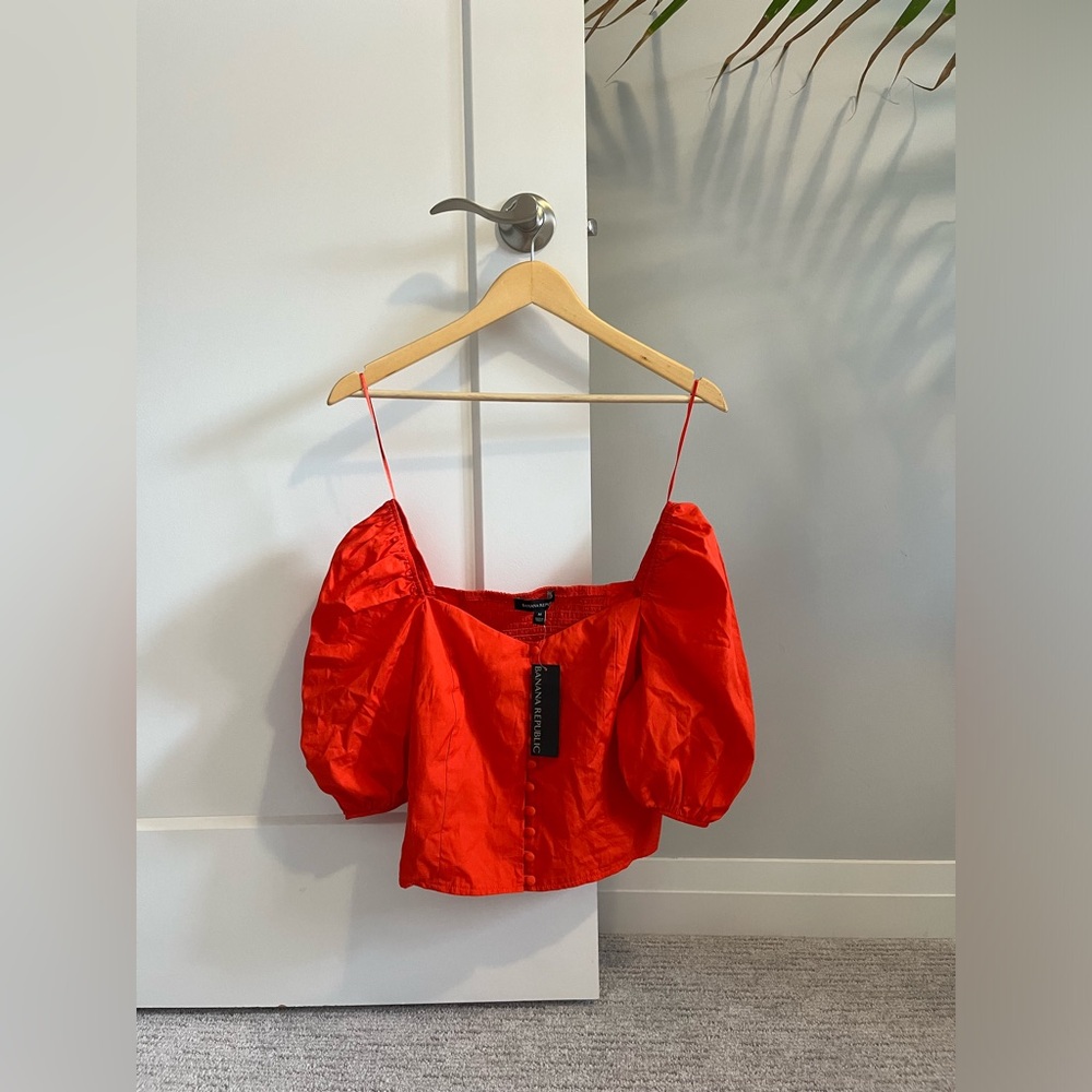 Red Puff Sleeve Square Neck Banana Republic Top Size M